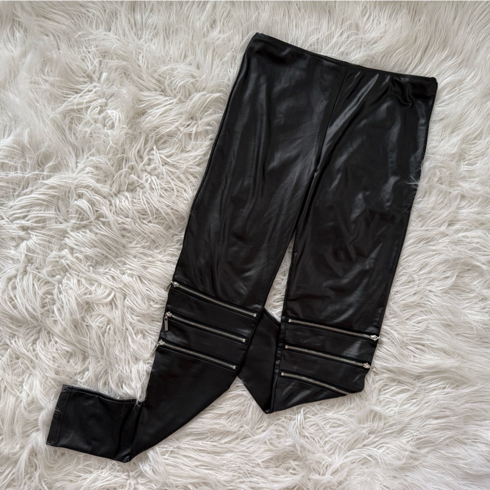Black Faux Leather Leggings with Zipper Accents - ANGL